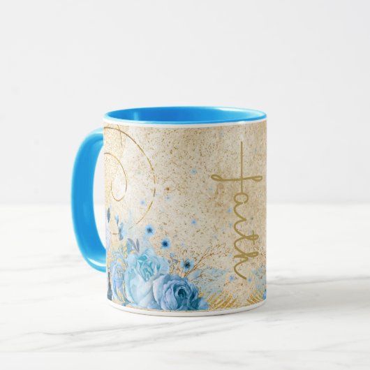 Blauwe bloem met gouden kruis mok (Voorkant links)