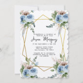 Blauwe bloem met gouden lijsten doopuitnodiging kaart (Voorkant)