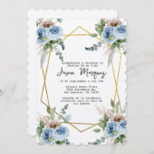 Blauwe bloem met gouden lijsten doopuitnodiging kaart (Voorkant / Achterkant)