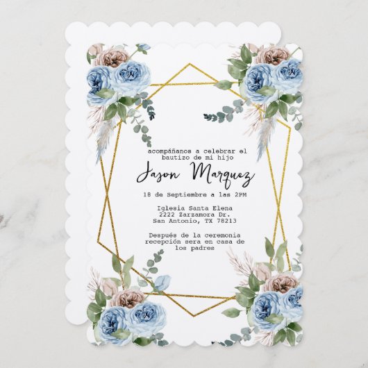 Blauwe bloem met gouden lijsten doopuitnodiging kaart (Voorkant / Achterkant)