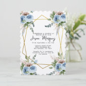 Blauwe bloem met gouden lijsten doopuitnodiging kaart (Staand voorkant)