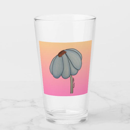 Blauwe bloem met roze achtergrond glas (Voorkant)