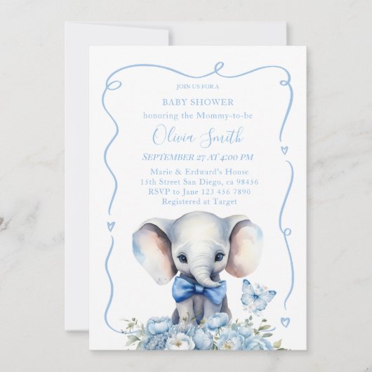 Blauwe bloem met vlinderolifant Baby shower Kaart (Voorkant)
