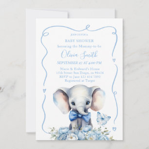 Blauwe bloem met vlinderolifant Baby shower Kaart