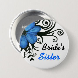 Blauwe bloem met zwarte bladeren en wervelingen ronde button 7,6 cm