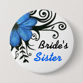 Blauwe bloem met zwarte bladeren en wervelingen ronde button 7,6 cm