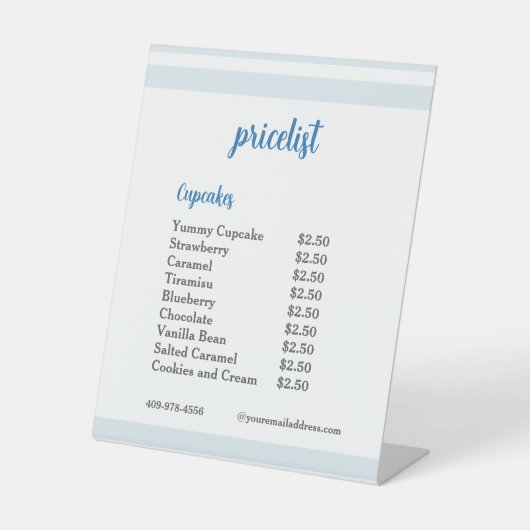  Blauwe Bloem Mixer Cupcake Prijslijst  Reclamebord Met Voetstuk (Voorkant)