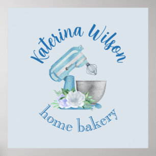 Blauwe Bloem Mixer Kleine Bakkerij Logo Merk Activ Poster