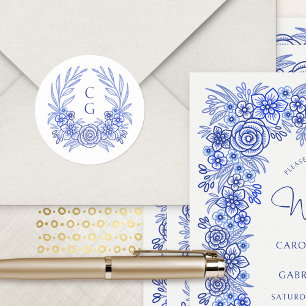 Blauwe Bloem Monogram Krans Trouwen Ronde Sticker