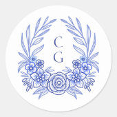 Blauwe Bloem Monogram Krans Trouwen Ronde Sticker (Voorkant)