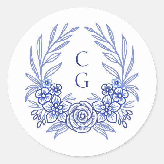 Blauwe Bloem Monogram Krans Trouwen Ronde Sticker (Voorkant)