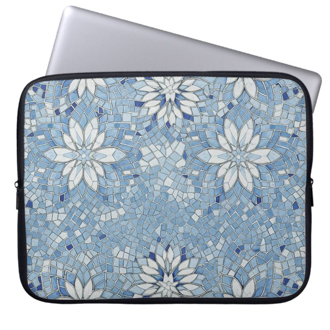 blauwe bloem mozaïek laptop sleeve (Voorkant)