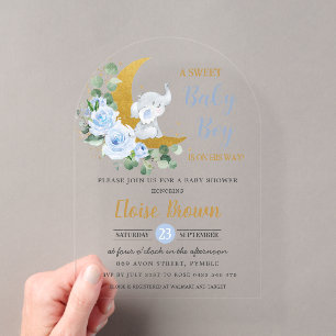 Blauwe Bloem Olifant Maan Baby Jongen Shower Boog Acryl Uitnodigingen