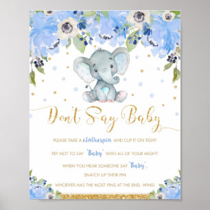 Blauwe Bloem Olifant Zeg Niet Baby Shower Spel Poster