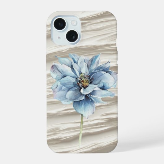 Blauwe Bloem Op Abstract Ivoor Textuur iPhone 15 Case (Achterkant)