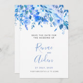 Blauwe bloem redt de datum, blauwe bloemen bruilof save the date (Voorkant / Achterkant)