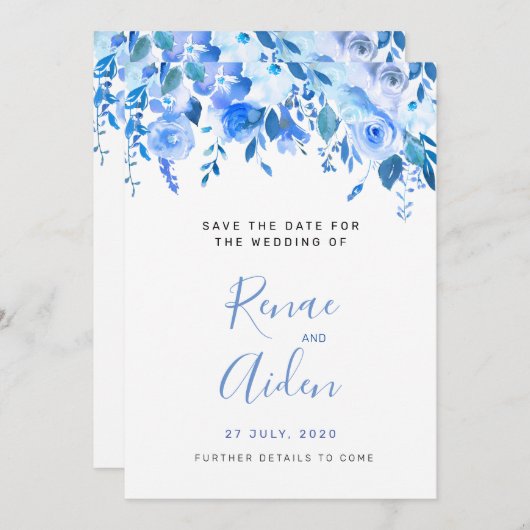 Blauwe bloem redt de datum, blauwe bloemen bruilof save the date (Voorkant / Achterkant)