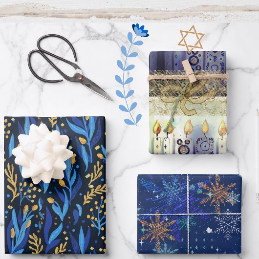 Blauwe bloem, sterren, licht Chanoeka patroon Inpakpapier Vel