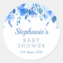 Blauwe bloem sticker voor baby shower, Blauwe doop