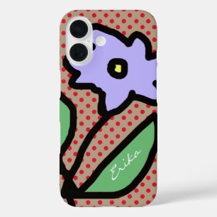 blauwe bloem, stippen en naam iPhone 16 hoesje