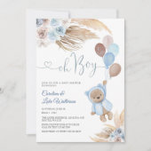Blauwe Bloem Teddybeer Babyshower Uitnodiging (Voorkant)