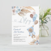 Blauwe Bloem Teddybeer Babyshower Uitnodiging (Staand voorkant)