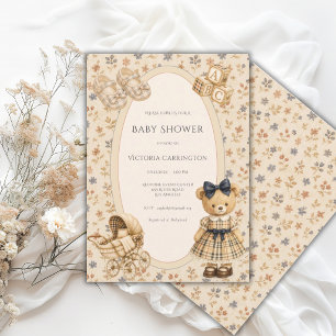 Blauwe Bloem Teddybeer Vintage Baby Kaart