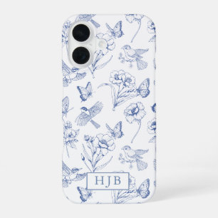 Blauwe bloem toile vlinder monogram iPhone hoes 16 Hoesje