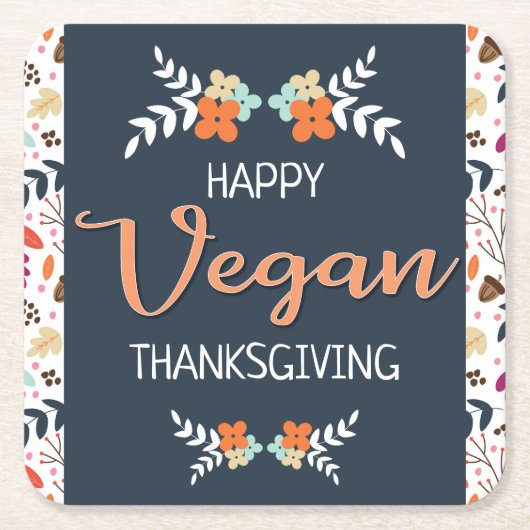Blauwe bloem van de Thanksgiving Vegan met oranje  Kartonnen Onderzetters (Voorkant)