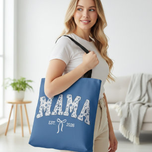 Blauwe Bloem Varsity Mama Vrouwelijk Ontwerp Tote Bag