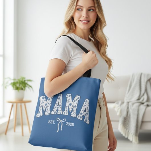 Blauwe Bloem Varsity Mama Vrouwelijk Ontwerp Tote Bag