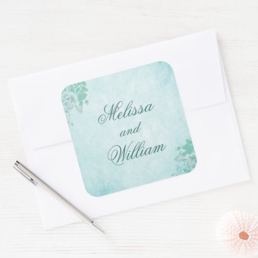 Blauwe bloem vierkante sticker (Envelop)