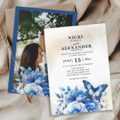Blauwe Bloem Vlinder Bruiloft Kaart