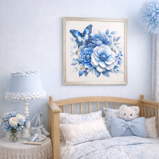 Blauwe Bloem Vlinder Cottage Poster