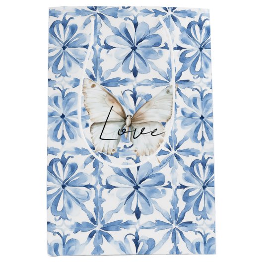 Blauwe Bloem Vlinder Liefde Medium Cadeauzakje (Voorkant)