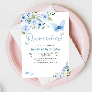 Blauwe Bloem Vlinder Sweet 16 Uitnodiging