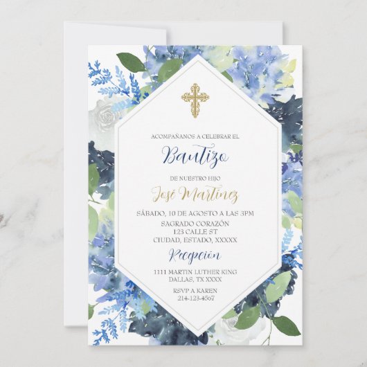 Blauwe bloem Water gekleurd Bautizo Spaans Invite Kaart (Voorkant)