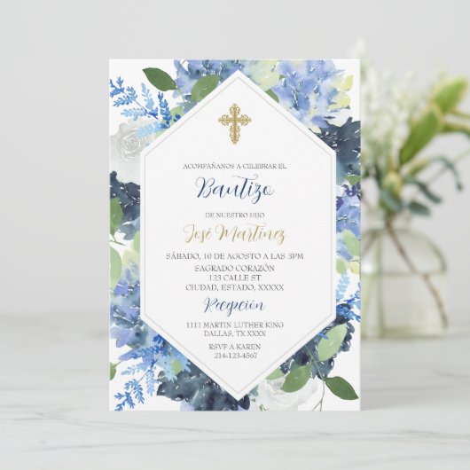 Blauwe bloem Water gekleurd Bautizo Spaans Invite Kaart (Staand voorkant)