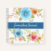 Blauwe bloem waterverf aangepaste script naam vier notitieboek (Voorkant)