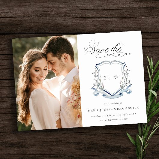 Blauwe bloem Waterverf Monogram Foto Crest Save The Date