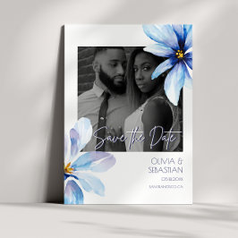 Blauwe Bloem Waterverf Zwart wit Foto Bruiloft Save The Date