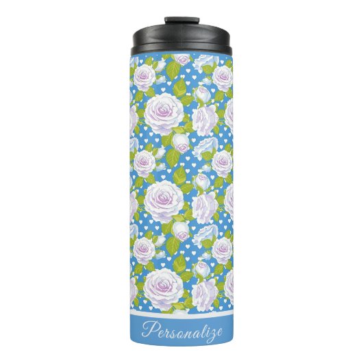 Blauwe Bloem Witte Roos Trendy Stijl Thermosbeker (Voorkant)