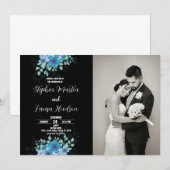 Blauwe Bloem Zwart Bruiloft Uitnodigingen met foto (Voorkant / Achterkant)