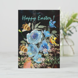 Blauwe Bloem Zwarte Paasdag met Vogels Feestdagenkaart