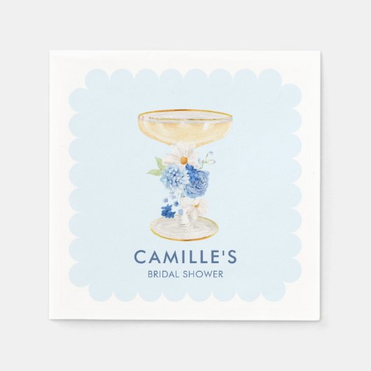 Blauwe Bloemblaadjes en Prosecco Bruidsfeest Servet (Voorkant)