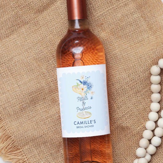 Blauwe Bloemblaadjes en Prosecco Bruidsfeest Wijn Etiket