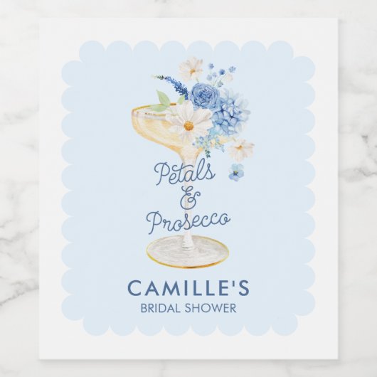 Blauwe Bloemblaadjes en Prosecco Bruidsfeest Wijn Etiket (Enkel label)