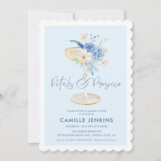 Blauwe bloemblaadjes en Prosecco Garden Bridal Inv Kaart (Voorkant)