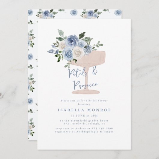 Blauwe bloemblaadjes en Prosecco Vrijgezellenfeest Kaart (Voorkant / Achterkant)