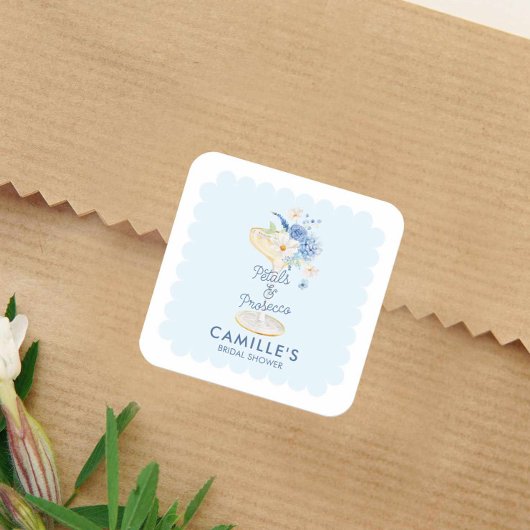 Blauwe bloemblaadjes en Prosecco Vrijgezellenfeest Vierkante Sticker